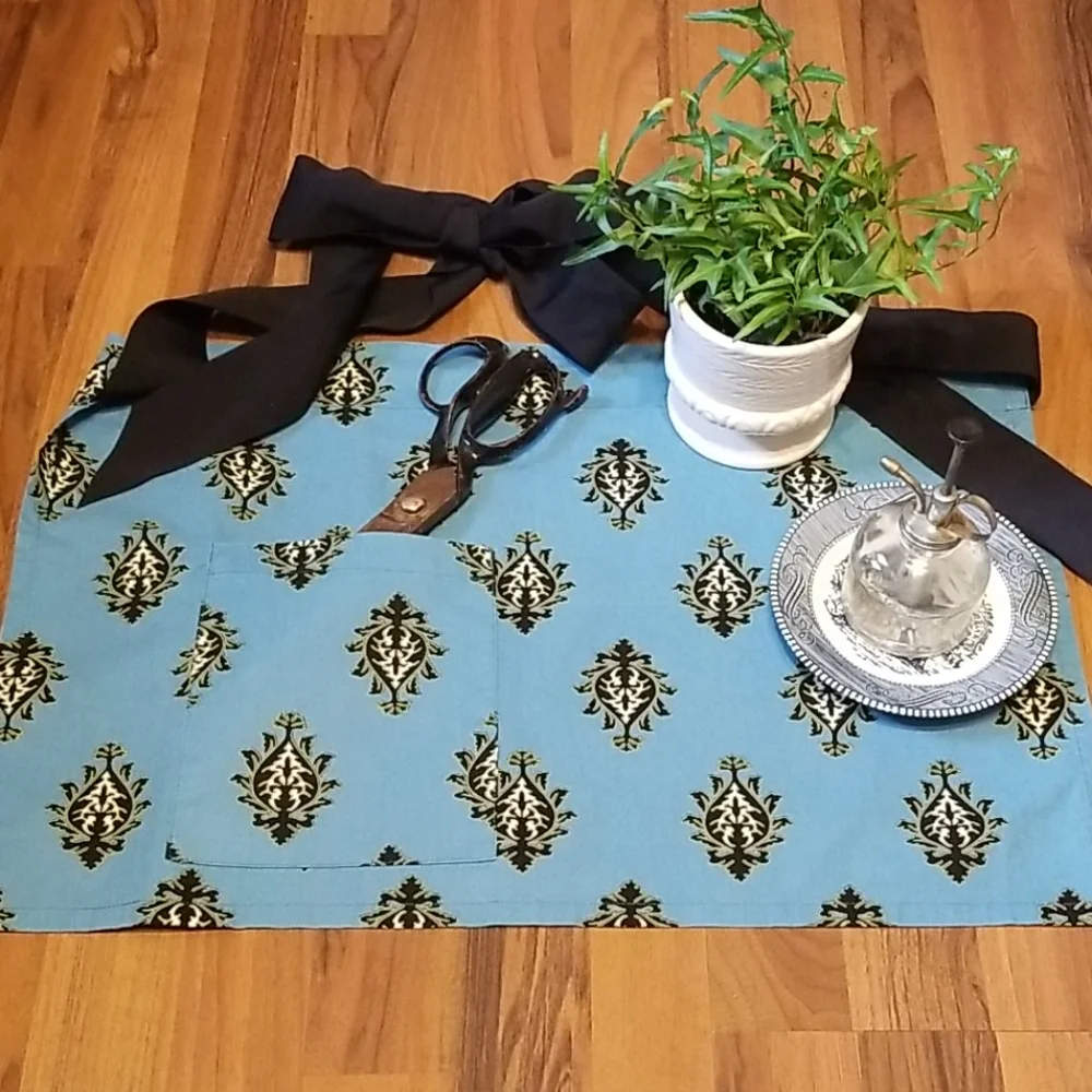 Hen House Linens Blue Black Cocktail Apron with Tie Bow & Pocket